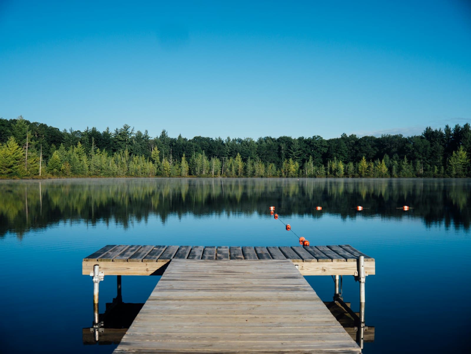 A wooden pier reaching into a still Nordic lake at dawn